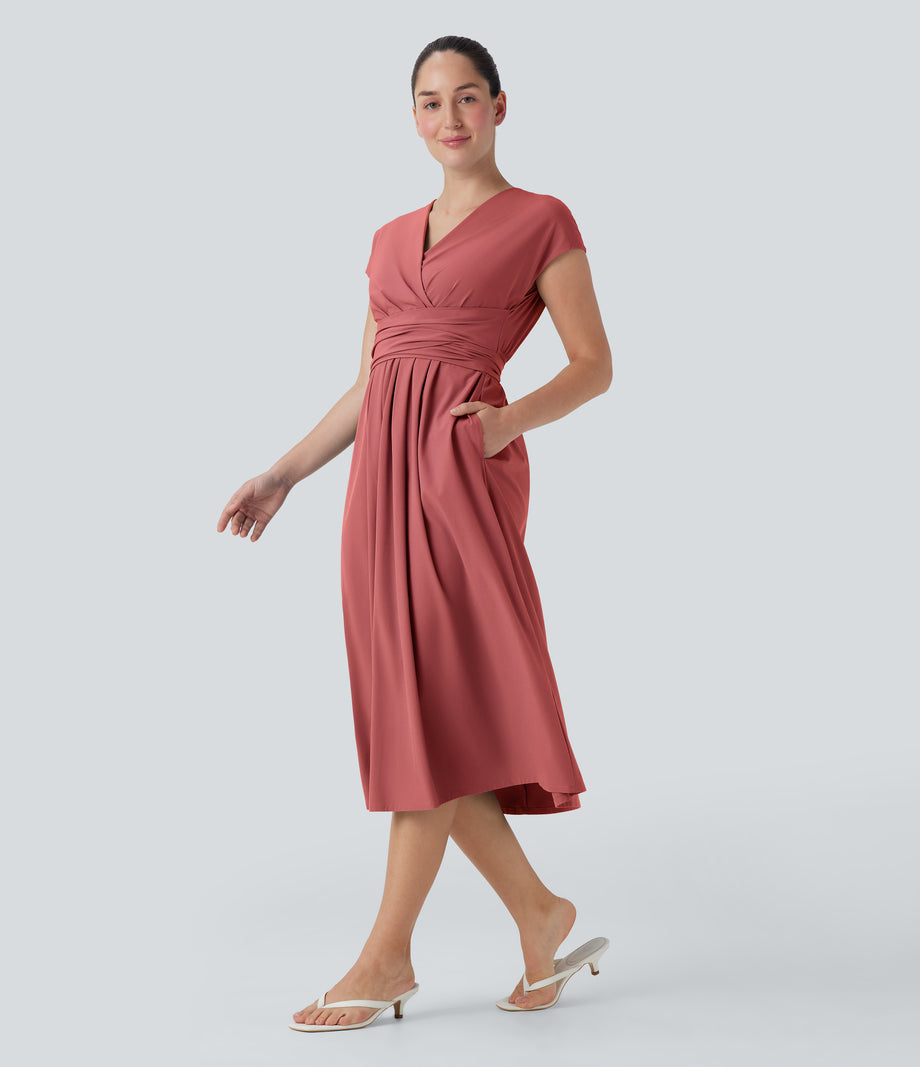 Breezeful™ V Neck Short Sleeve Pocket Tie Back Quick Dry Midi Casual Dress - Kapok Red