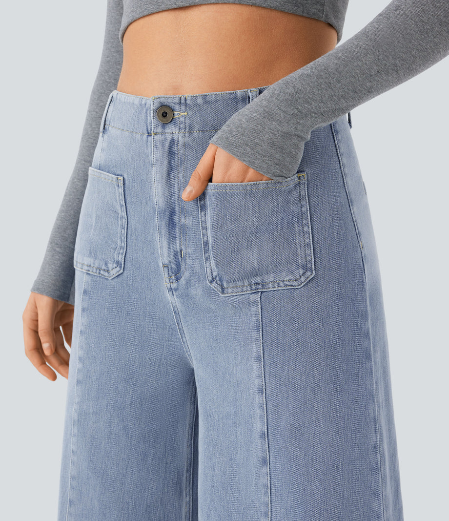Halara Flex™ High Waisted Pockets Washed Casual Wide Leg Jeans - Blue Ice Denim