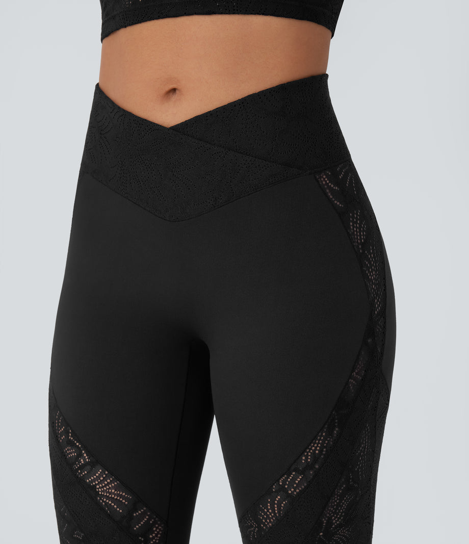 SoftlyZero™ High Waisted Crossover Pocket Contrast Lace Flare Yoga Leggings - Black