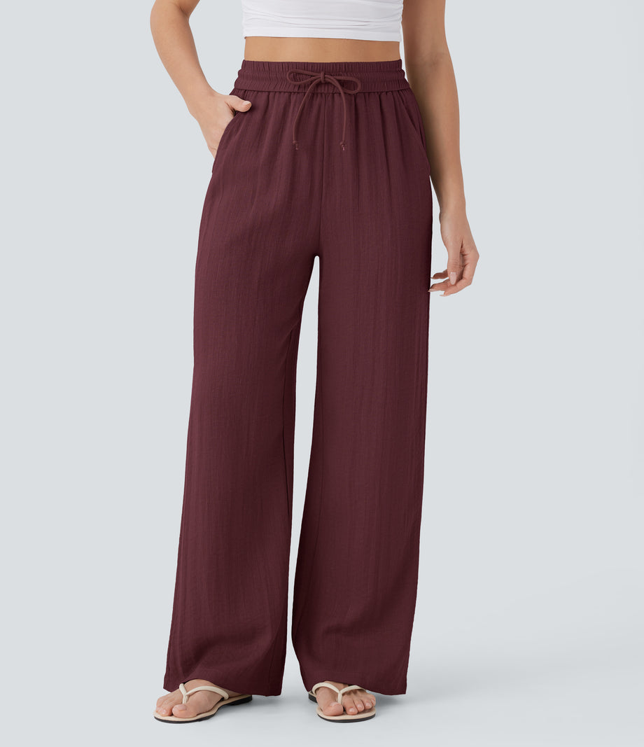 High Waisted Drawstring Pocket Wide Leg Baggy Casual Linen-Feel Pants - Zinfandel