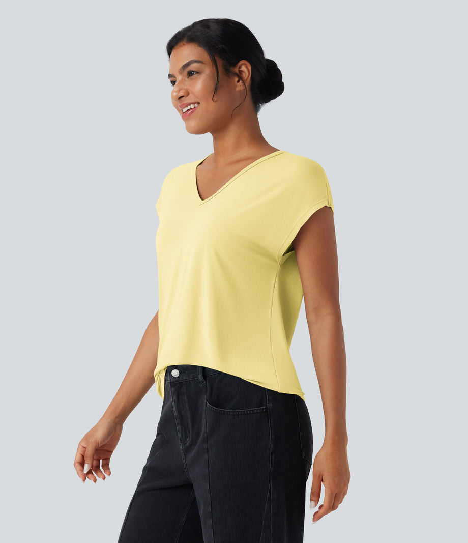 V Neck Short Sleeve Casual T-Shirt - Tender Yellow