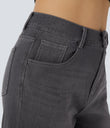Halara Flex™ High Waisted Pockets Rolled Hem Wide Leg Washed Casual Jeans - Bright gray denim
