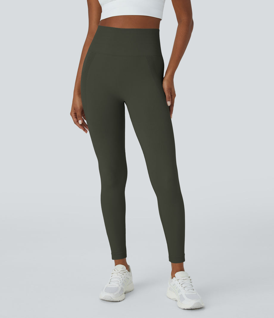 OneForm Seamless Flow High Waisted Ruched 7/8 Yoga Leggings - Forest Night