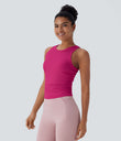 Round Neck Racerback Ruched Yoga Tank Top - Fuchsia Fedora