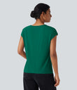 V Neck Short Sleeve Casual T-Shirt - Antique Green