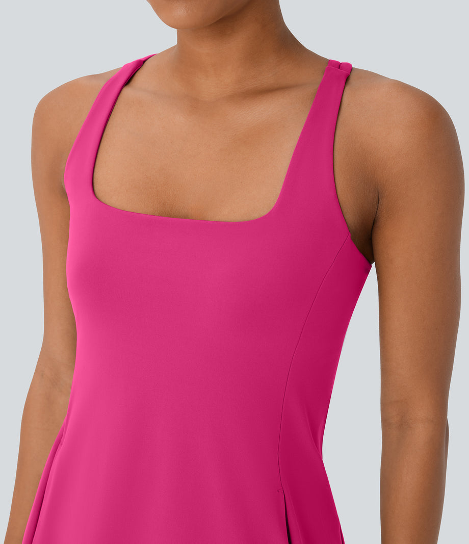 SoftlyZero™ Plush Cut Out Pocket 2-Piece Mini Yoga Active Dress - Fuchsia Purple