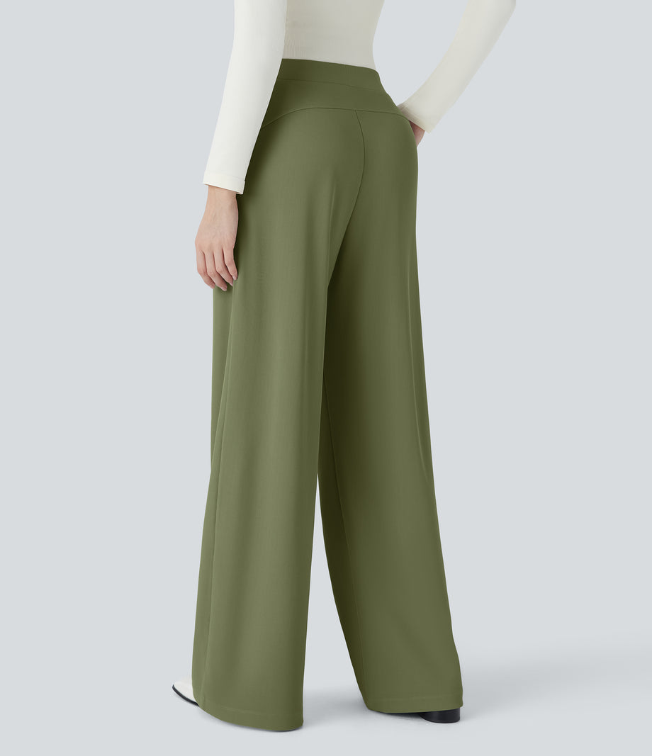 Halara Flex™ High Waisted Body Sculpt Waist-Slimming Pocket Wide Leg Micro Waffle Work Pants - Mosstone
