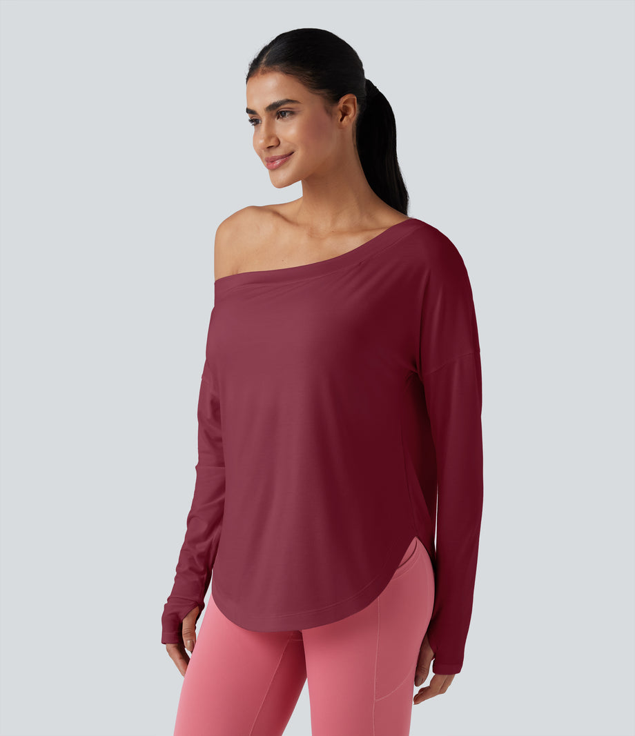 One Shoulder Long Sleeve Thumb Hole Curved Hem High Low Quick Dry Yoga Sports Top-Built-in Bra - Tibetan Red