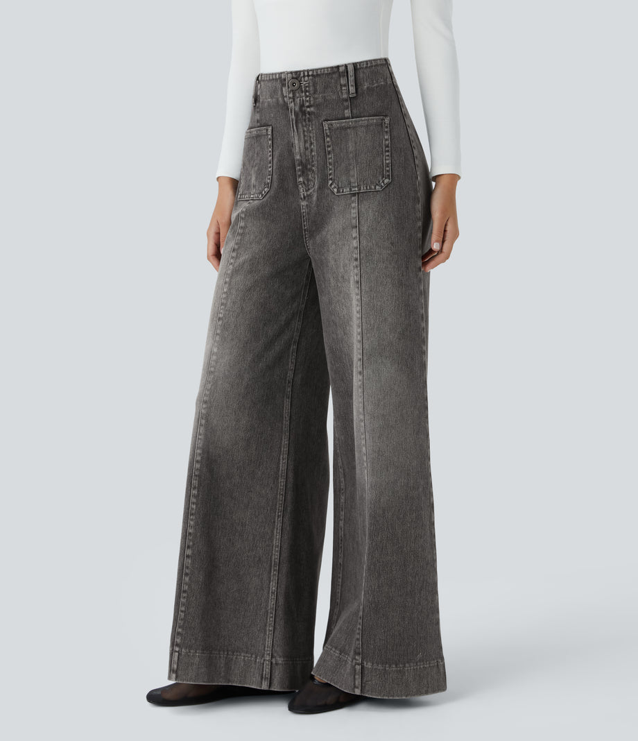 Halara Flex™ High Waisted Pockets Washed Casual Wide Leg Jeans - Grey Black Denim