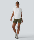 Round Neck Short Sleeve Ruched Cool Touch Yoga Sports Top-UPF50+ - White