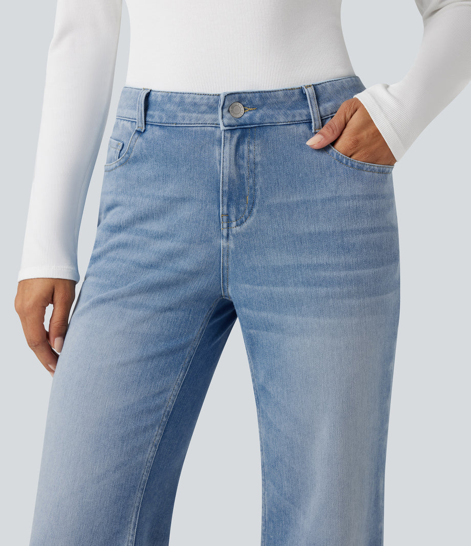 Halara Flex™ Low Rise Flare Washed Casual Jeans with Pockets - Powder Blue Denim