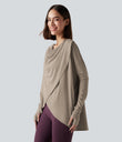 Hooded Cowl Neck Long Sleeve Thumb Hole Yoga Sports Top with Pockets - Humus