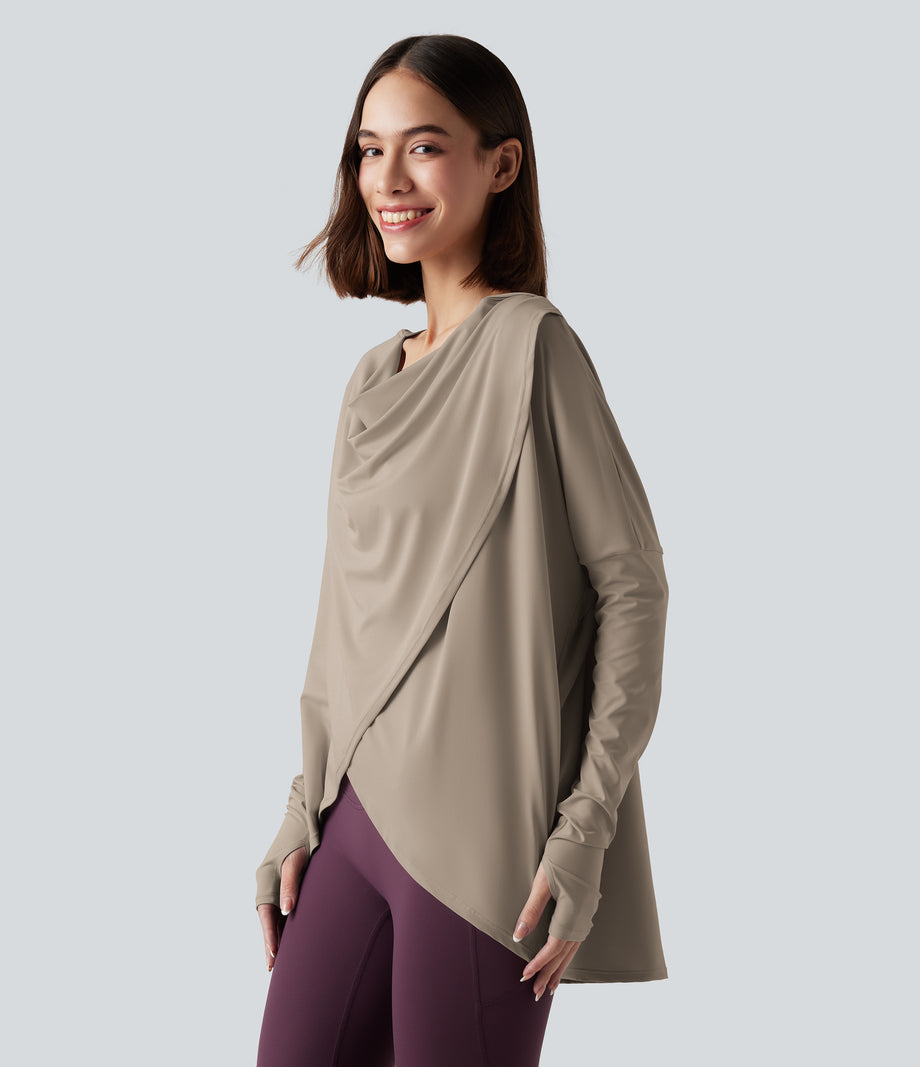Hooded Cowl Neck Long Sleeve Thumb Hole Yoga Sports Top with Pockets - Humus