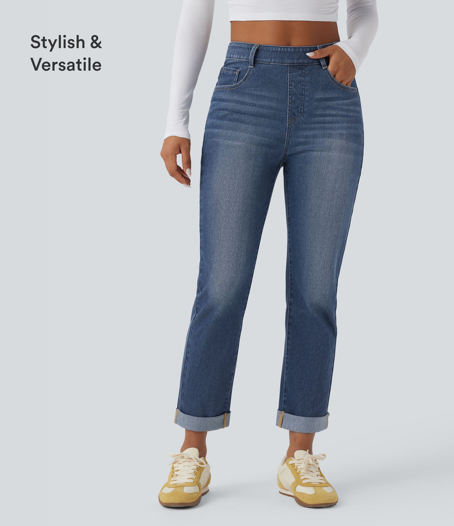 Halara Flex™ High Waisted Rolled Hem Casual Slim Jeans with Pockets - Estate Blue Denim