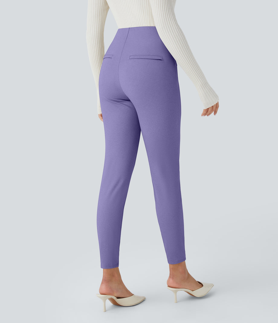 High Waisted Tummy Control Decorative Back Zipper Pockets Herringbone Work Leggings - Aster Purple
