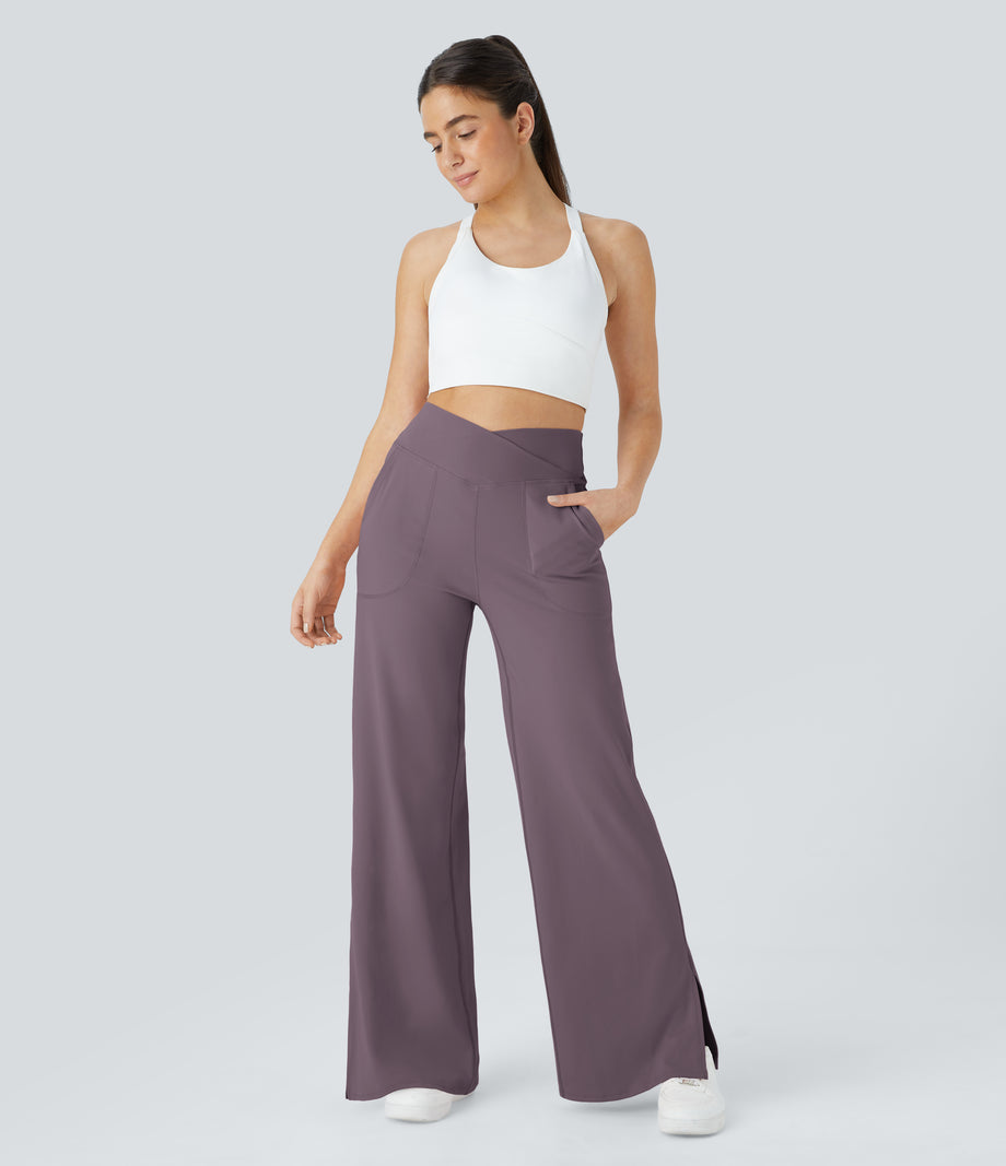 DayStretch Crossover Pocket Hem Wide Leg Yoga Pants-Smile - Nebula Purple