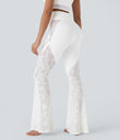 SoftlyZero™ High Waisted Crossover Pocket Contrast Lace Flare Yoga Leggings - White