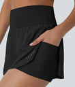 SoftlyZero™ QuickDry High Waisted Tummy Control Reflective Dots Crossover Hem 2-in-1 Running Shorts 3'' with Pockets - Black