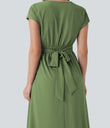Breezeful™ V Neck Short Sleeve Pocket Tie Back Quick Dry Midi Casual Dress - Hot Wasabi - Green