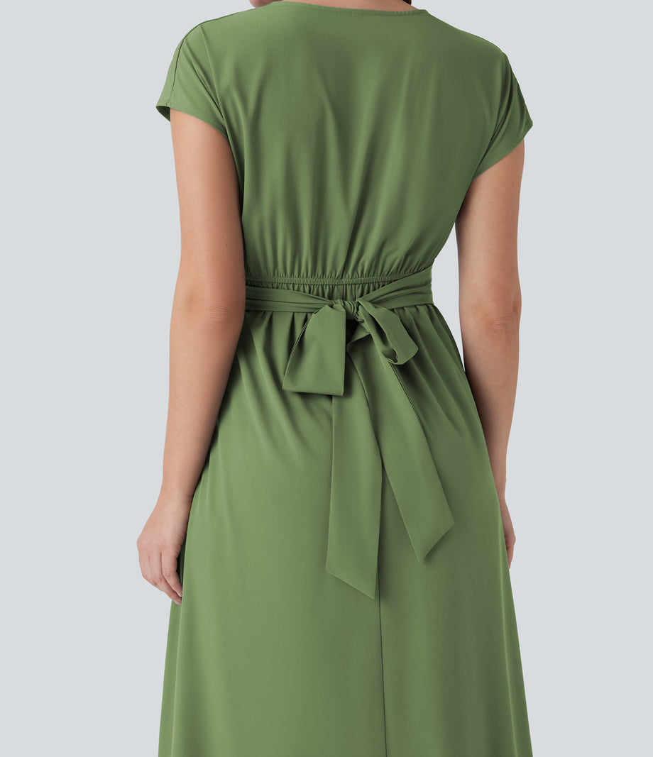 Breezeful™ V Neck Short Sleeve Pocket Tie Back Quick Dry Midi Casual Dress - Hot Wasabi - Green