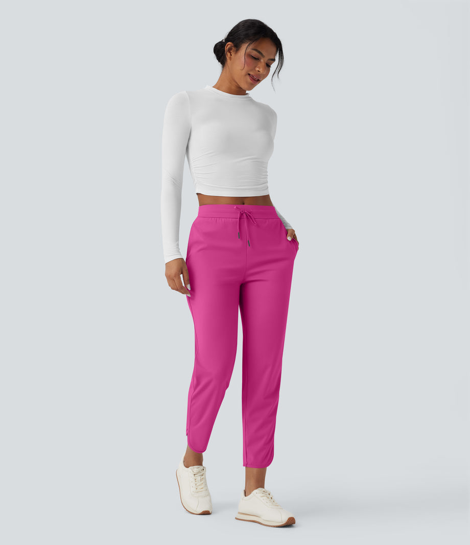 Mid Rise Drawstring Curved Hem Quick Dry Golf Tapered Pants with Pockets-UPF40+ - Fuchsia Fedora