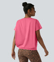 Round Neck Short Sleeve Ruched Cool Touch Yoga Sports Top-UPF50+ - Pink Lemonade