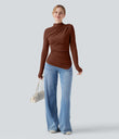 Mock-neck Long Sleeve Ruched Asymmetric Hem Thermal Casual Top - Smoked Paprika