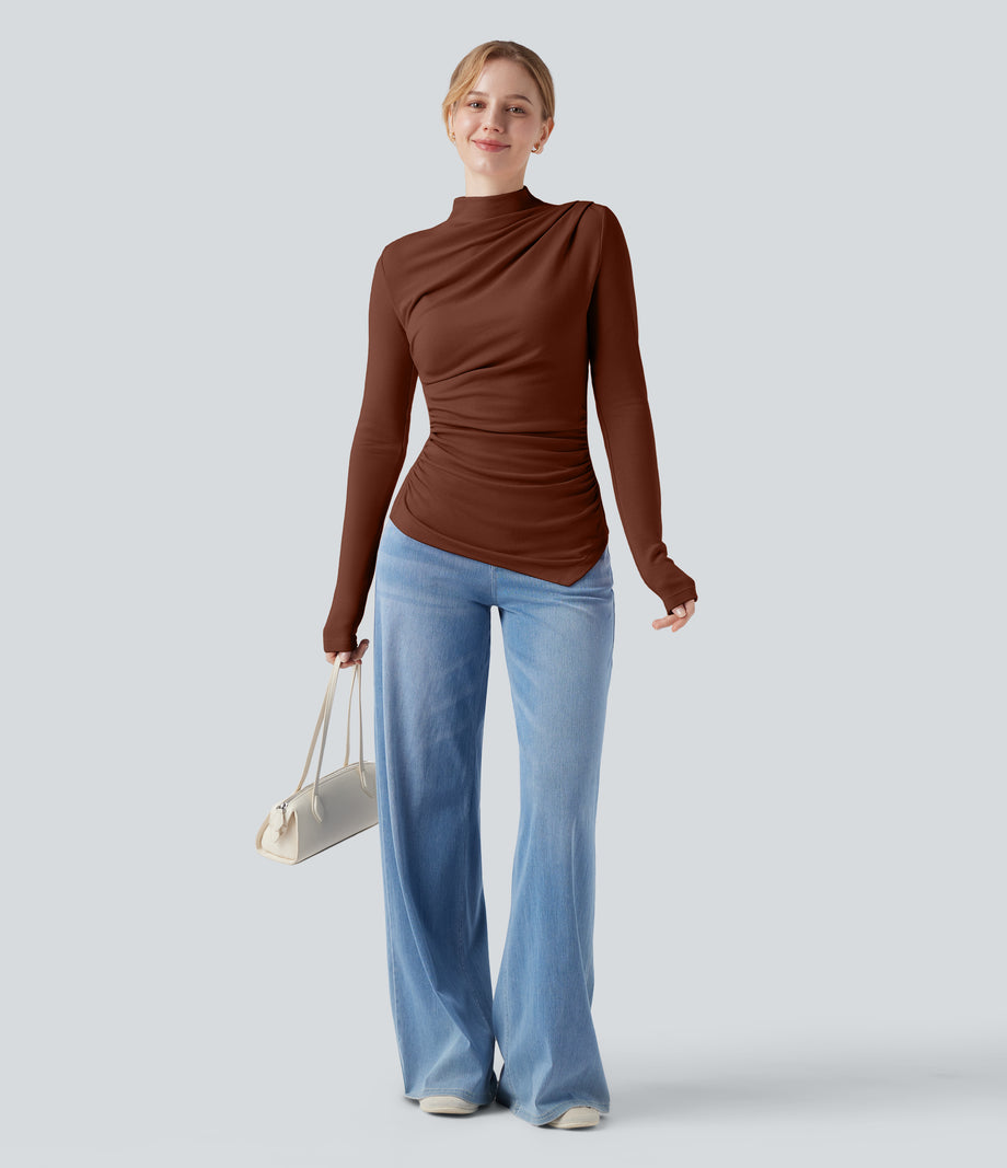 Mock-neck Long Sleeve Ruched Asymmetric Hem Thermal Casual Top - Smoked Paprika