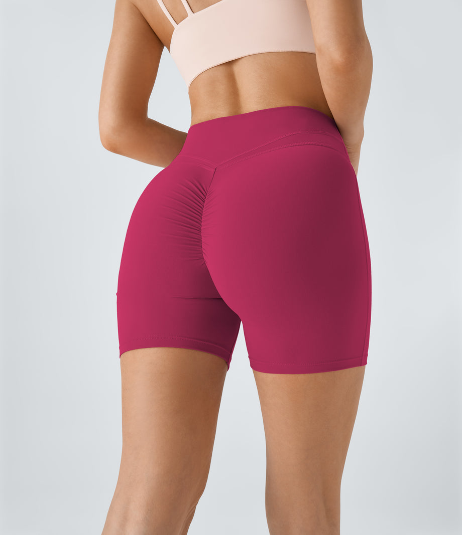 SoftlyZero™ Plush High Waisted Crossover Ruched Yoga Shorts 5'' - Cherries Jubilee
