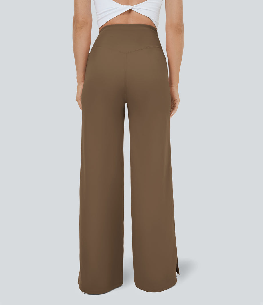 DayStretch Crossover Pocket Hem Wide Leg Yoga Pants-Smile - Sepia