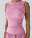 Ribbed Boat Neck Asymmetric Strap Ruched Pocket Flowy Maxi Casual Dress - Sweet Lilac