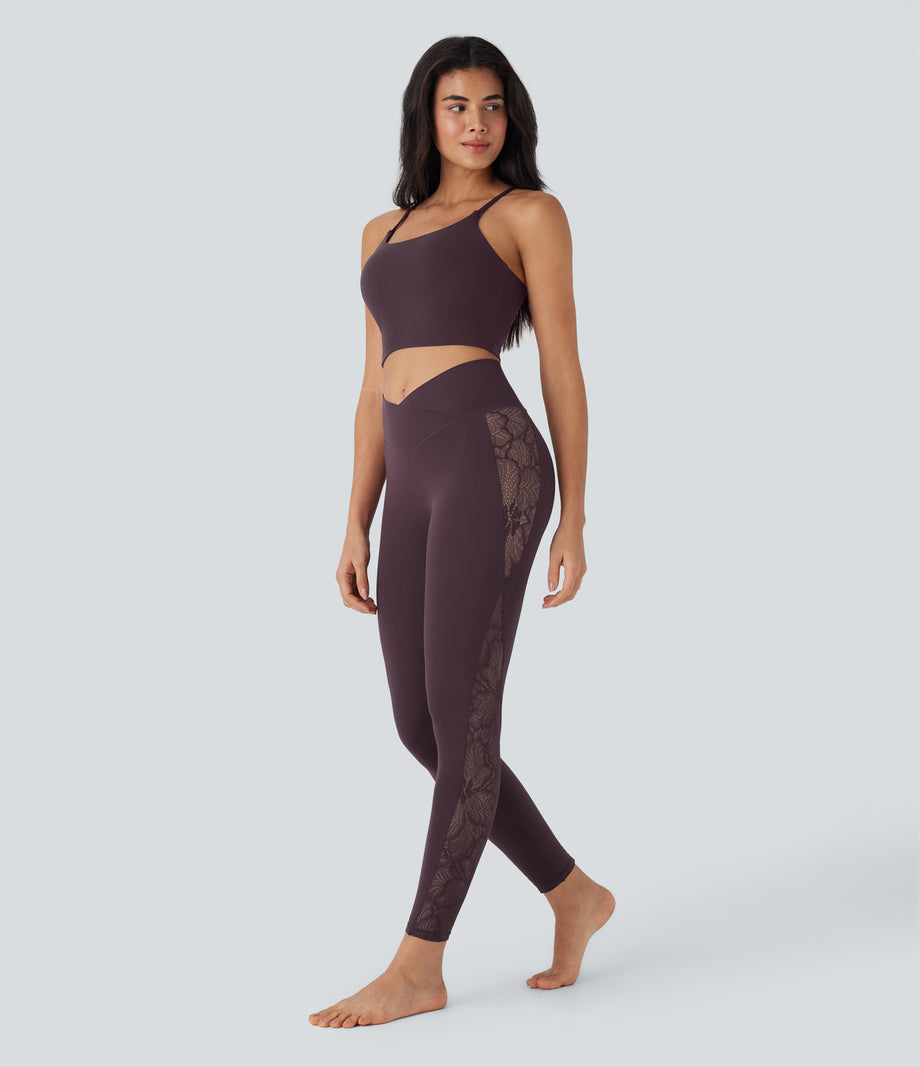 SoftlyZero™ High Waisted Crossover Contrast Lace Pocket Yoga Leggings-UPF50+ - Dusky Evening purple