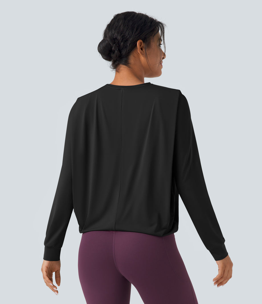 Round Neck Long Sleeve Ruched Yoga Sports Top-UPF50+ - Black