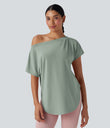 One Shoulder Short Sleeve Curved Hem High Low Quick Dry Yoga Sports Top - Iceberg Green