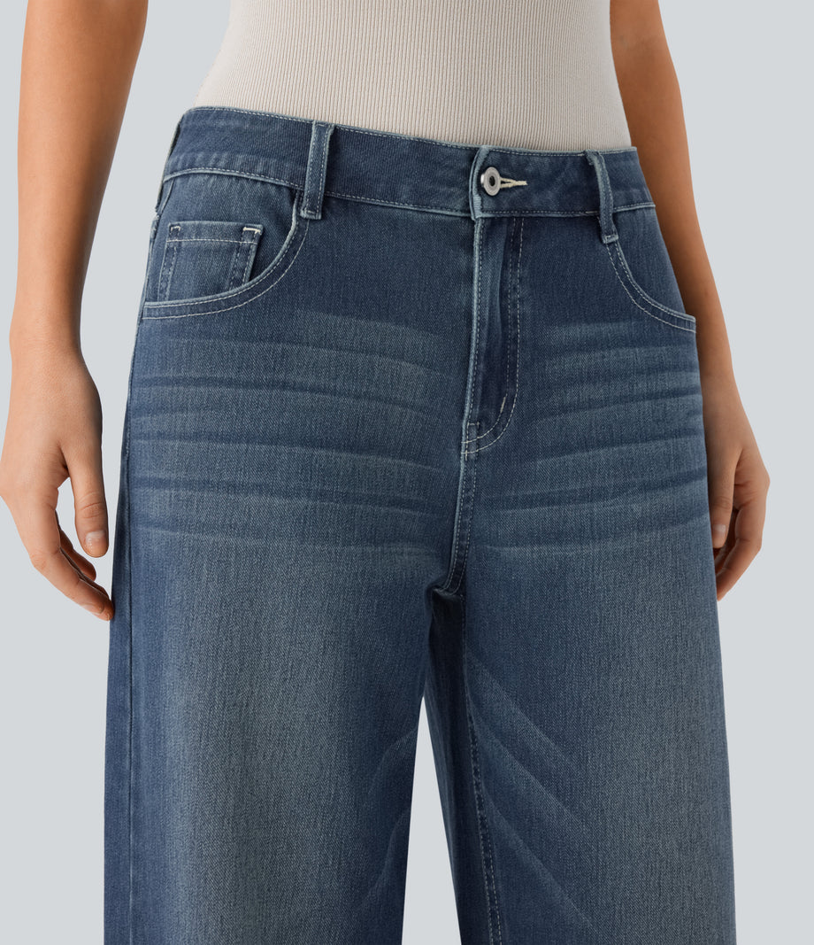 Halara Flex™ Low Rise Zipper Pockets Washed Baggy Wide Leg Casual Jeans - Cedar Blue Denim