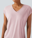 V Neck Short Sleeve Casual T-Shirt - Porcelain Pink