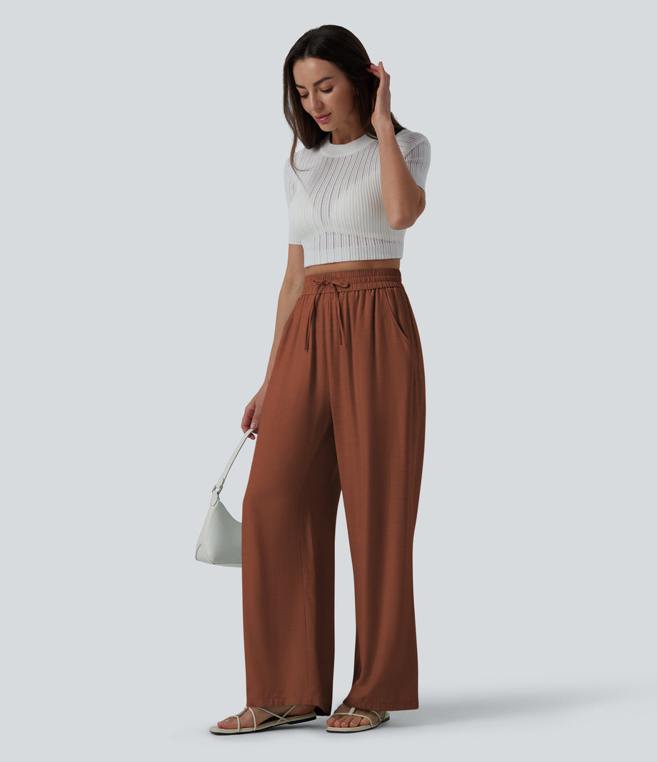High Waisted Drawstring Wide Leg Casual Linen-Blend Pants with Pockets - Sequoia