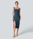 SoftlyZero™ Airy Square Neck Backless Corset Ruched Split Bodycon Midi Cool Touch Bridesmaid and Wedding Guest Dress - Majolica Blue