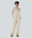 Halara Flex™ V Neck Pocket Washed Denim Casual Overalls - Khaki White Denim