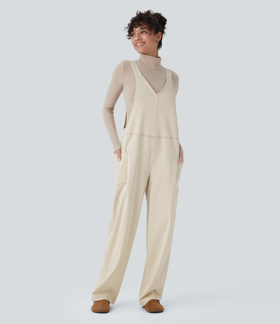 Halara Flex™ V Neck Pocket Washed Denim Casual Overalls - Khaki White Denim
