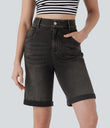 Halara Flex™ High Waisted Pockets Rolled Hem Washed Denim Casual Bermuda Shorts - Phantom Denim