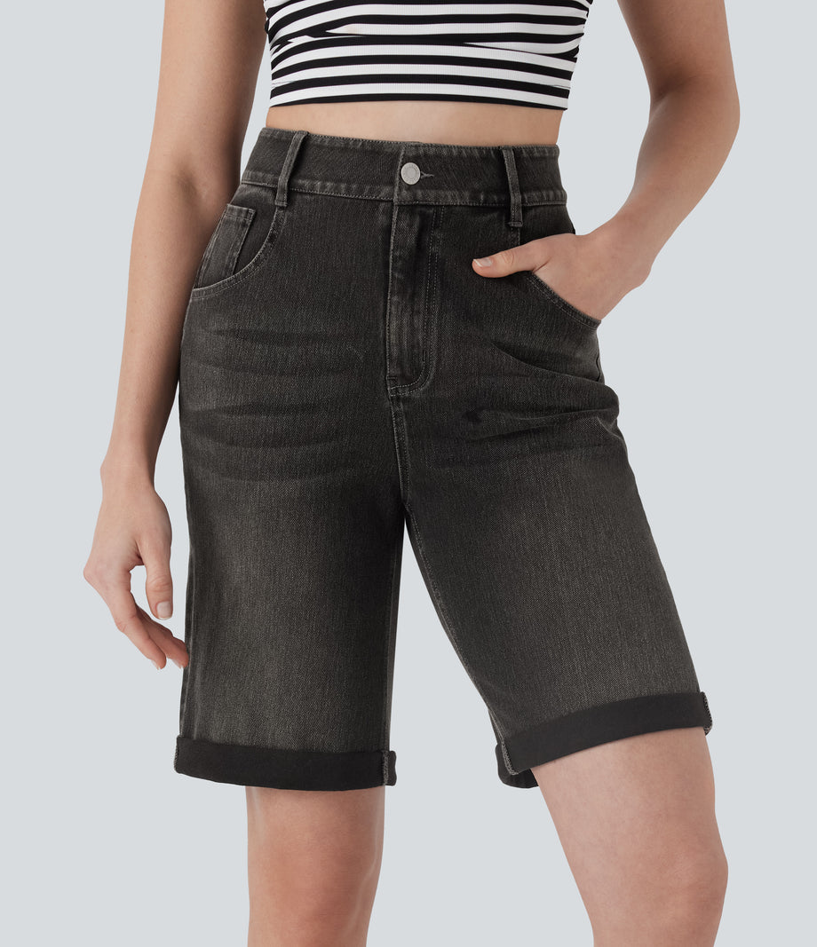 Halara Flex™ High Waisted Pockets Rolled Hem Washed Denim Casual Bermuda Shorts - Phantom Denim