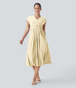 Breezeful™ V Neck Short Sleeve Pocket Tie Back Quick Dry Midi Casual Dress - Afterglow