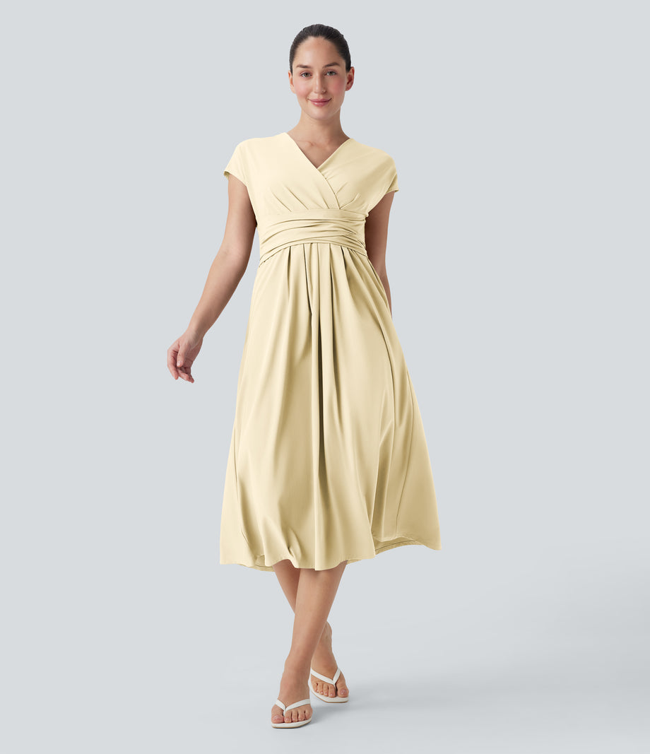 Breezeful™ V Neck Short Sleeve Pocket Tie Back Quick Dry Midi Casual Dress - Afterglow