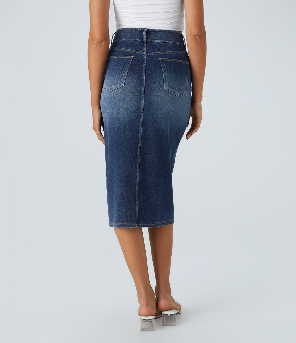 Halara Flex™ High Waisted Pockets Bodycon Washed Denim Casual Midi Skirt - Bright Blue Denim