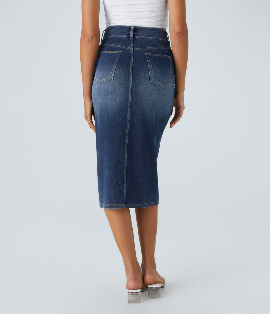 Halara Flex™ High Waisted Pockets Bodycon Washed Denim Casual Midi Skirt - Bright Blue Denim