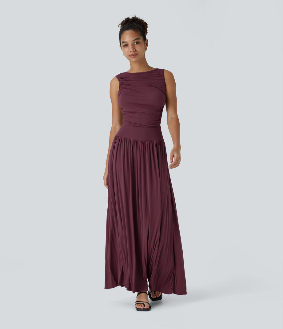 Ribbed Boat Neck Asymmetric Strap Ruched Pocket Flowy Maxi Casual Dress - Maroon Banner
