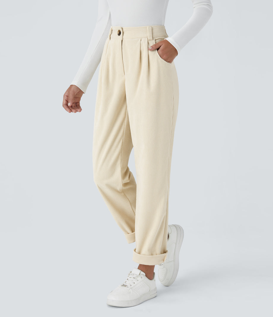 Mid Rise Zipper Pocket Corduroy Casual Pants - White Swan