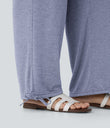 Crossover High Waisted Pocket Drawstring Casual Joggers - Light Blue Floral Yarn