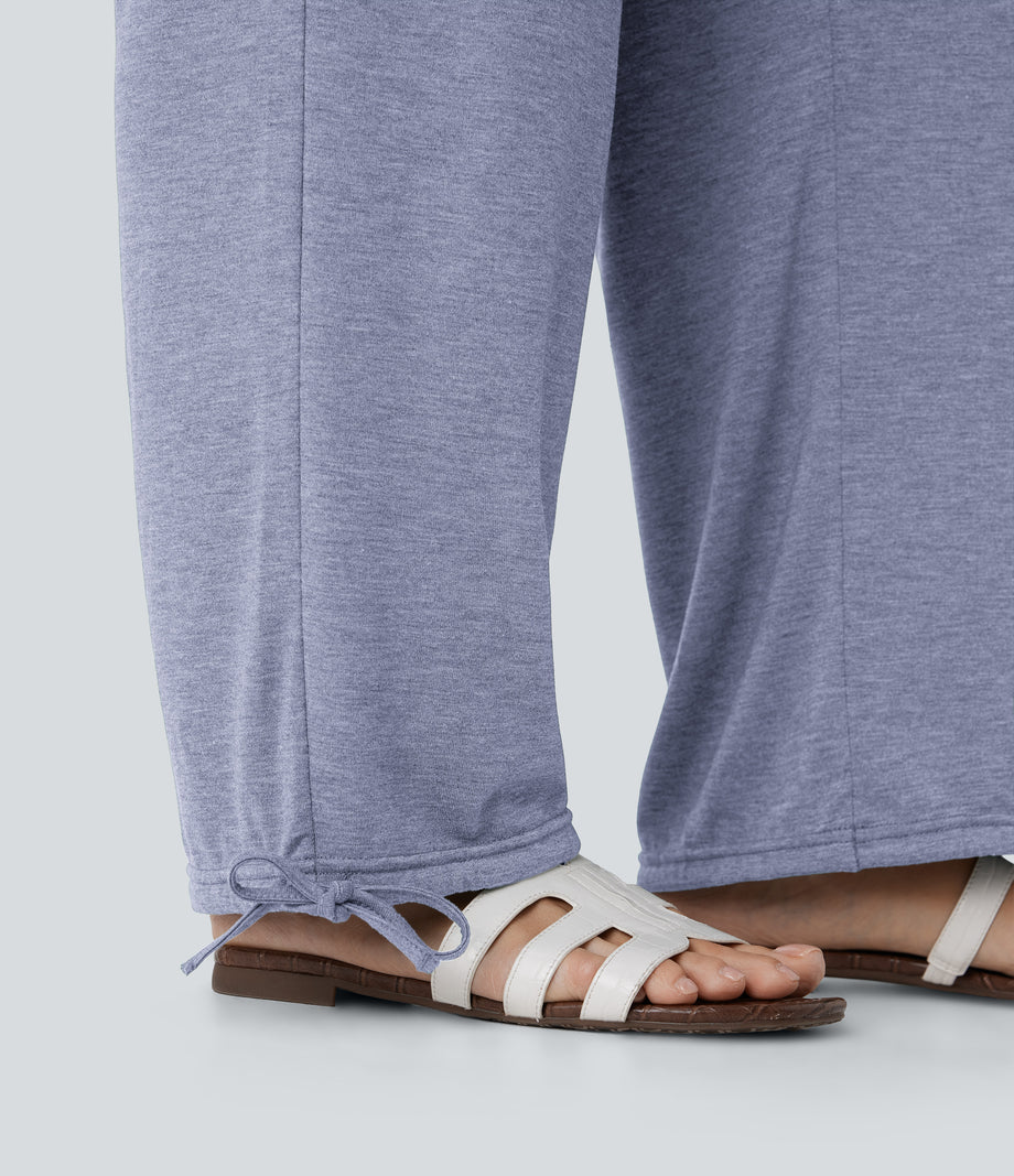 Crossover High Waisted Pocket Drawstring Casual Joggers - Light Blue Floral Yarn